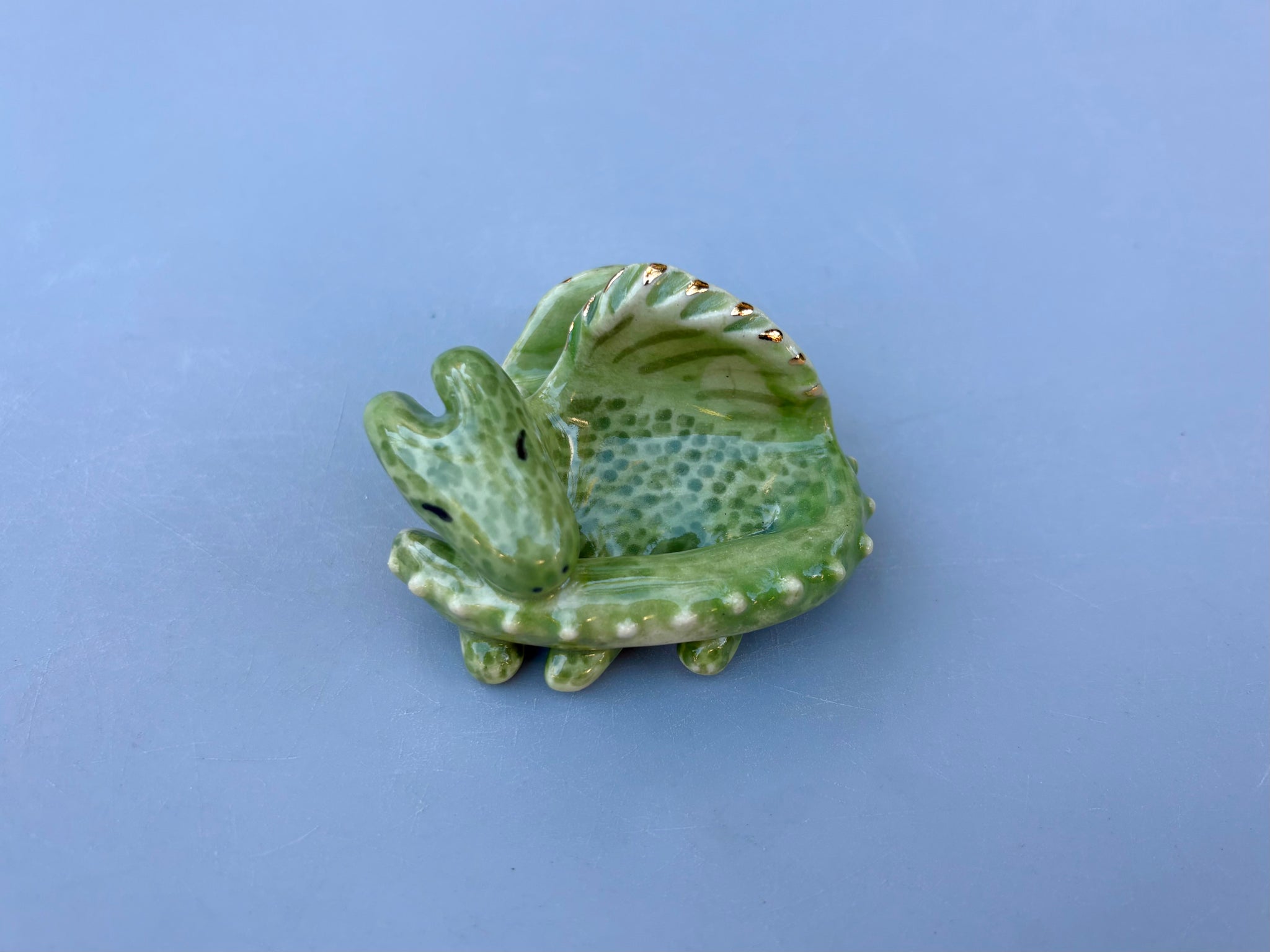 Tiny Guardian: Dragon Figurine Ceramic Sculpture with 22kt gold