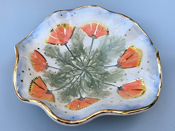 Large California Poppy Jewelry Holder, Ceramic Dish with Flower Imprint