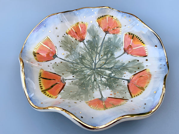 Large California Poppy Jewelry Holder, Ceramic Dish with Flower Imprint
