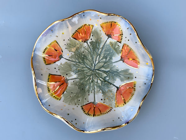 Large California Poppy Jewelry Holder, Ceramic Dish with Flower Imprint