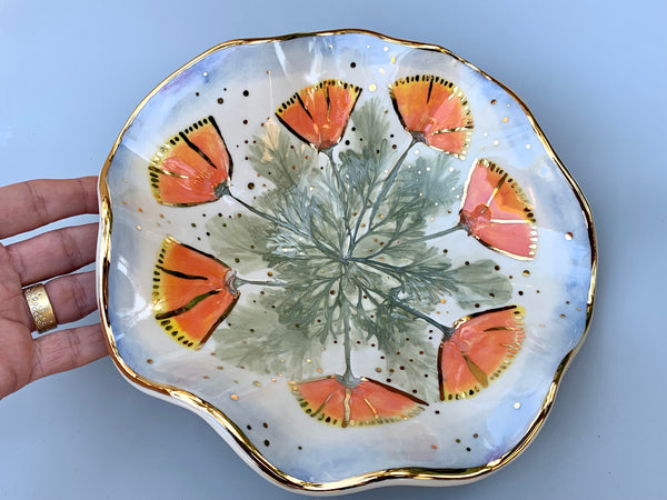 Large California Poppy Jewelry Holder, Ceramic Dish with Flower Imprint