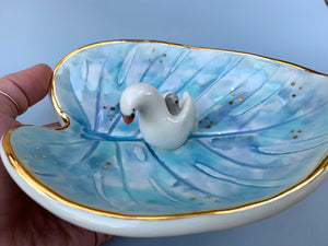 Swan Mama and Baby, Ceramic Leaf Dish with Swan and Cygnet on Sparkling Pond