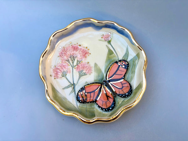 Monarch Butterfly with Valerian Flower, Ceramic Dish with Gold Accents