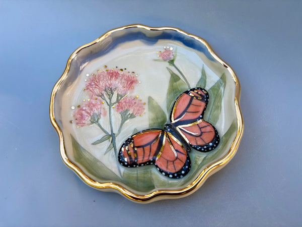 Monarch Butterfly with Valerian Flower, Ceramic Dish with Gold Accents
