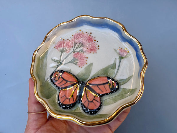 Monarch Butterfly with Valerian Flower, Ceramic Dish with Gold Accents