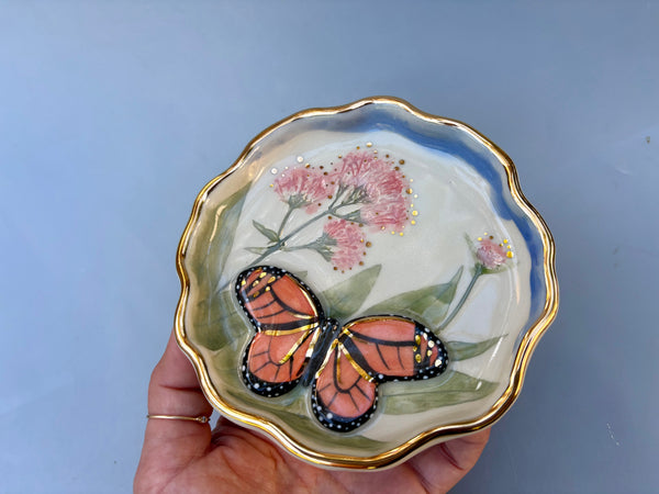 Monarch Butterfly with Valerian Flower, Ceramic Dish with Gold Accents