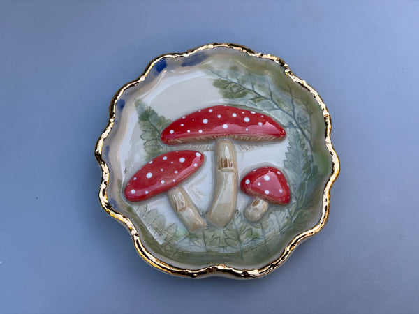 Fairytale Mushrooms, Ceramic Dish with Gold Accent