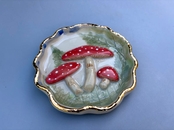 Fairytale Mushrooms, Ceramic Dish with Gold Accent