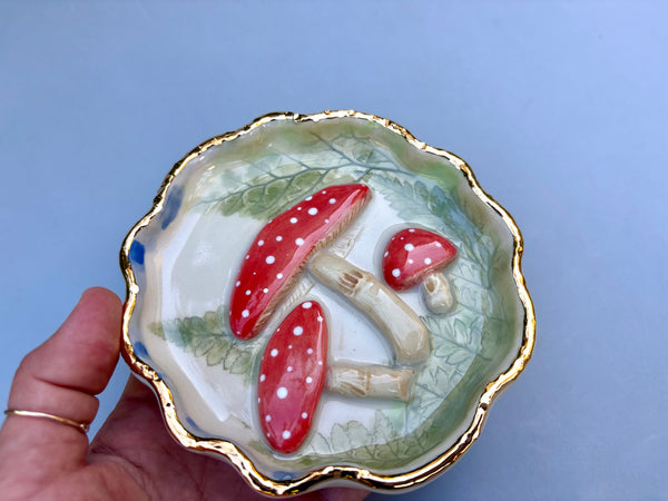 Fairytale Mushrooms, Ceramic Dish with Gold Accent