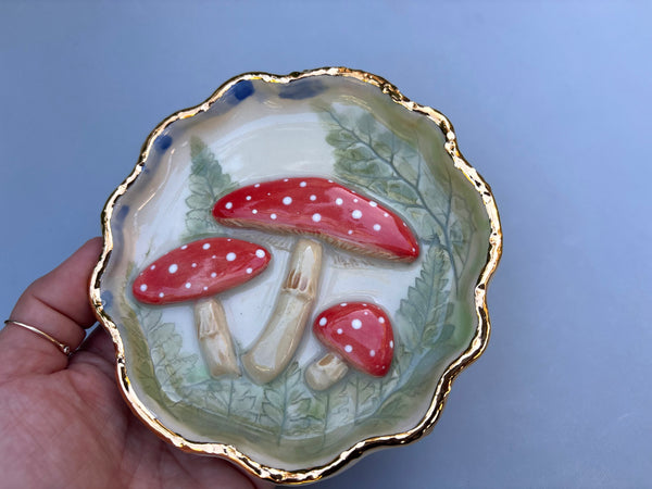 Fairytale Mushrooms, Ceramic Dish with Gold Accent