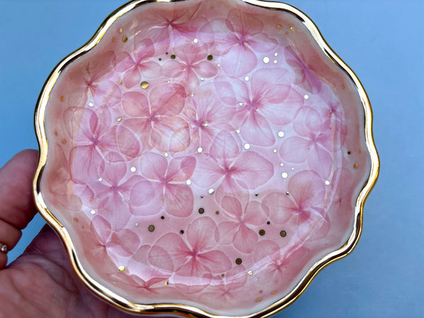 Pink Blossom Jewelry Holder, Ceramic Dish with Gold Accents