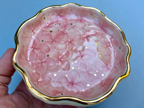 Pink Blossom Jewelry Holder, Ceramic Dish with Gold Accents