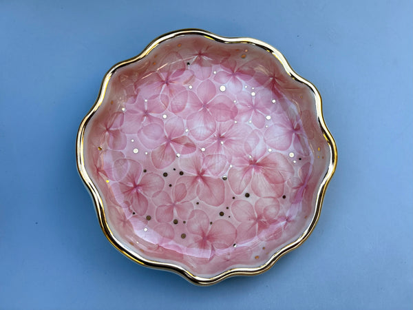 Pink Blossom Jewelry Holder, Ceramic Dish with Gold Accents