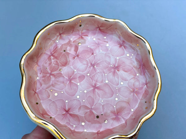 Pink Blossom Jewelry Holder, Ceramic Dish with Gold Accents