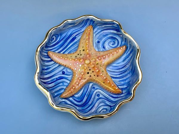 Starfish jewelry dish, ceramic dish with gold accents