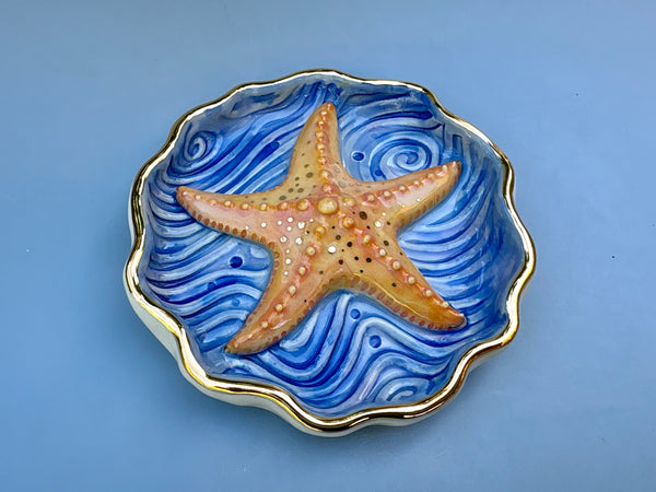 Starfish jewelry dish, ceramic dish with gold accents
