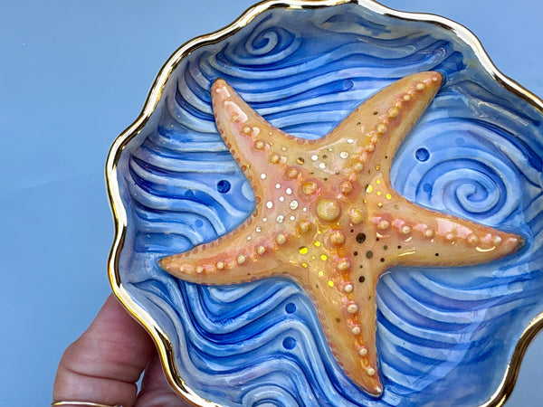 Starfish jewelry dish, ceramic dish with gold accents