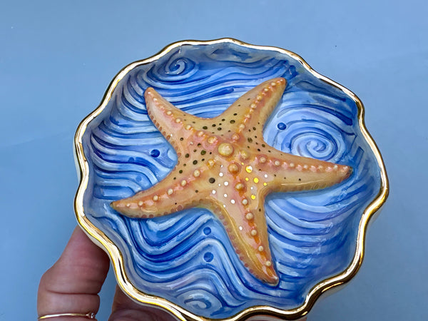 Starfish jewelry dish, ceramic dish with gold accents