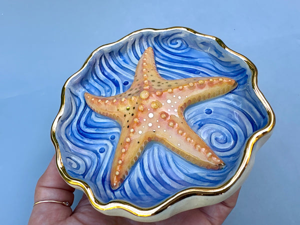 Starfish jewelry dish, ceramic dish with gold accents