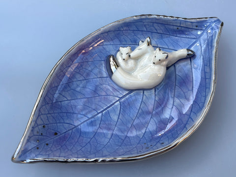 Large Sleeping Arctic Fox Family Jewelry Holder, Ceramic Hydrangea Leaf Trinket Dish with Silver Accent