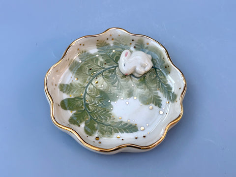 Bunny on Sparkling Fern Jewelry Dish, Ceramic with Real Gold