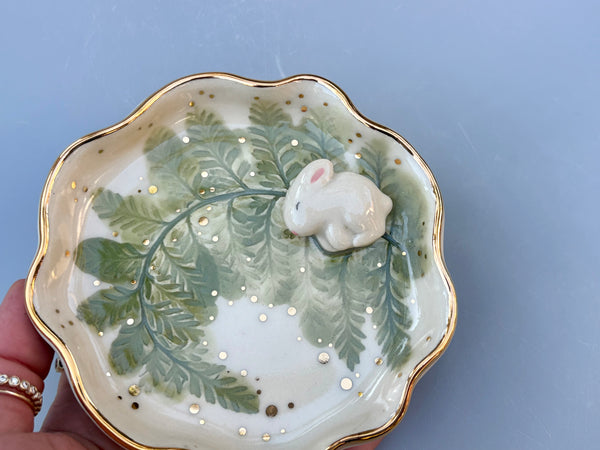 Bunny on Sparkling Fern Jewelry Holder, Ceramic Dish with Gold Accents