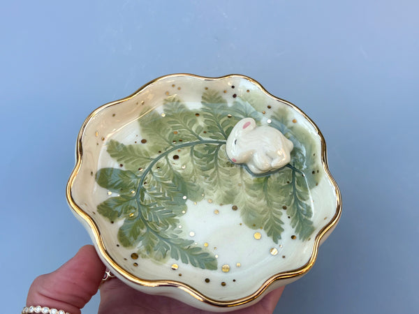 Bunny on Sparkling Fern Jewelry Holder, Ceramic Dish with Gold Accents