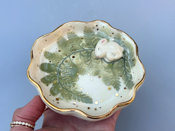 Bunny on Sparkling Fern Jewelry Holder, Ceramic Dish with Gold Accents