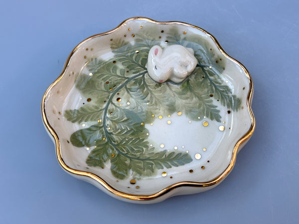 Bunny on Sparkling Fern Jewelry Holder, Ceramic Dish with Gold Accents