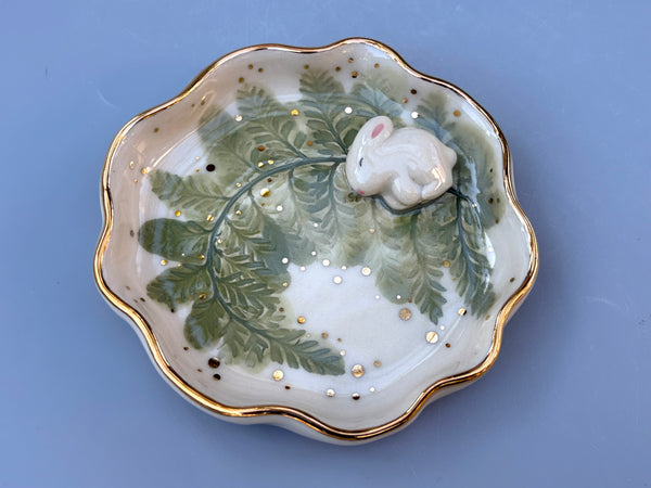 Bunny on Sparkling Fern Jewelry Holder, Ceramic Dish with Gold Accents