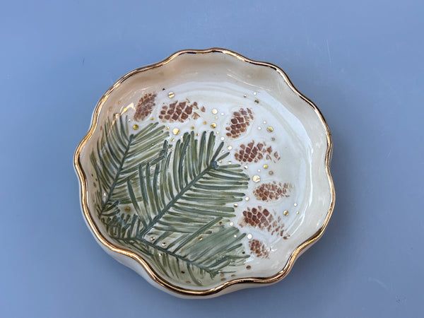 Evergreen Jewelry Dish, Ceramic Dish with Fir and Pine Cones