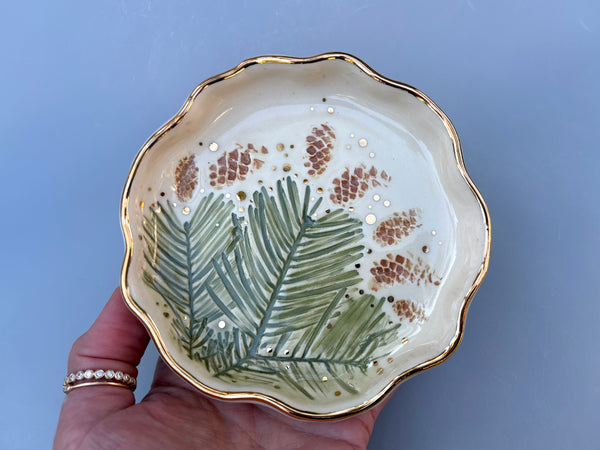 Evergreen Jewelry Dish, Ceramic Dish with Fir and Pine Cones