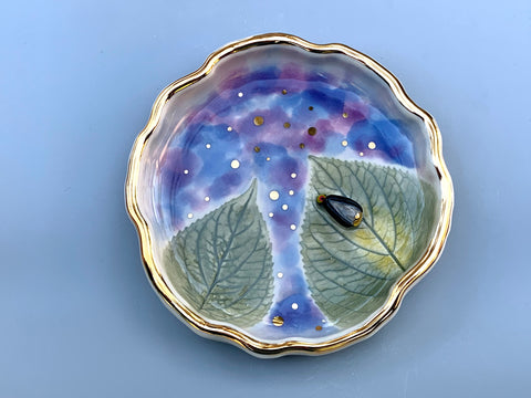 Firefly (Lightning Bug) Jewelry Dish with Hydrangea Leaf and Gold Accents