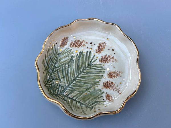 Evergreen Jewelry Dish, Ceramic Dish with Fir and Pine Cones