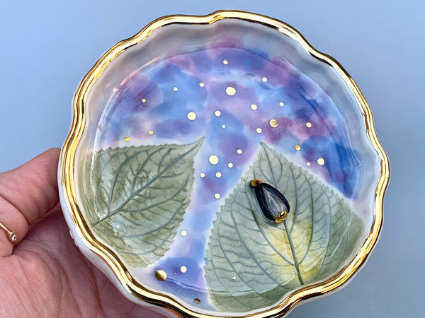 Firefly (Lightning Bug) Jewelry Dish with Hydrangea Leaf and Gold Accents
