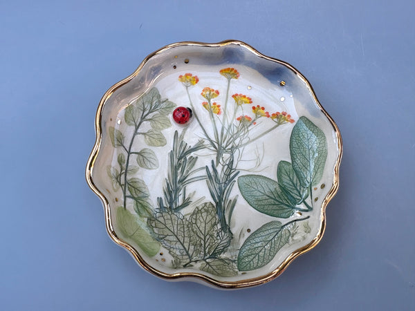 Ladybug with Herb Garden Jewelry Holder, Ceramic Dish with Gold Accents - Vuvu Ceramics