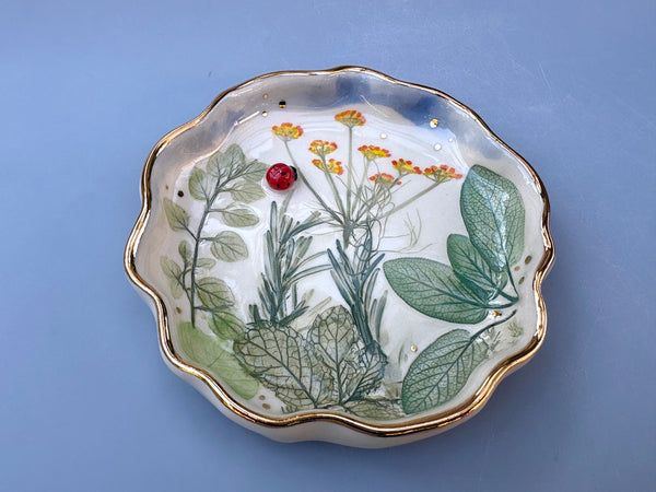 Ladybug with Herb Garden Jewelry Holder, Ceramic Dish with Gold Accents - Vuvu Ceramics