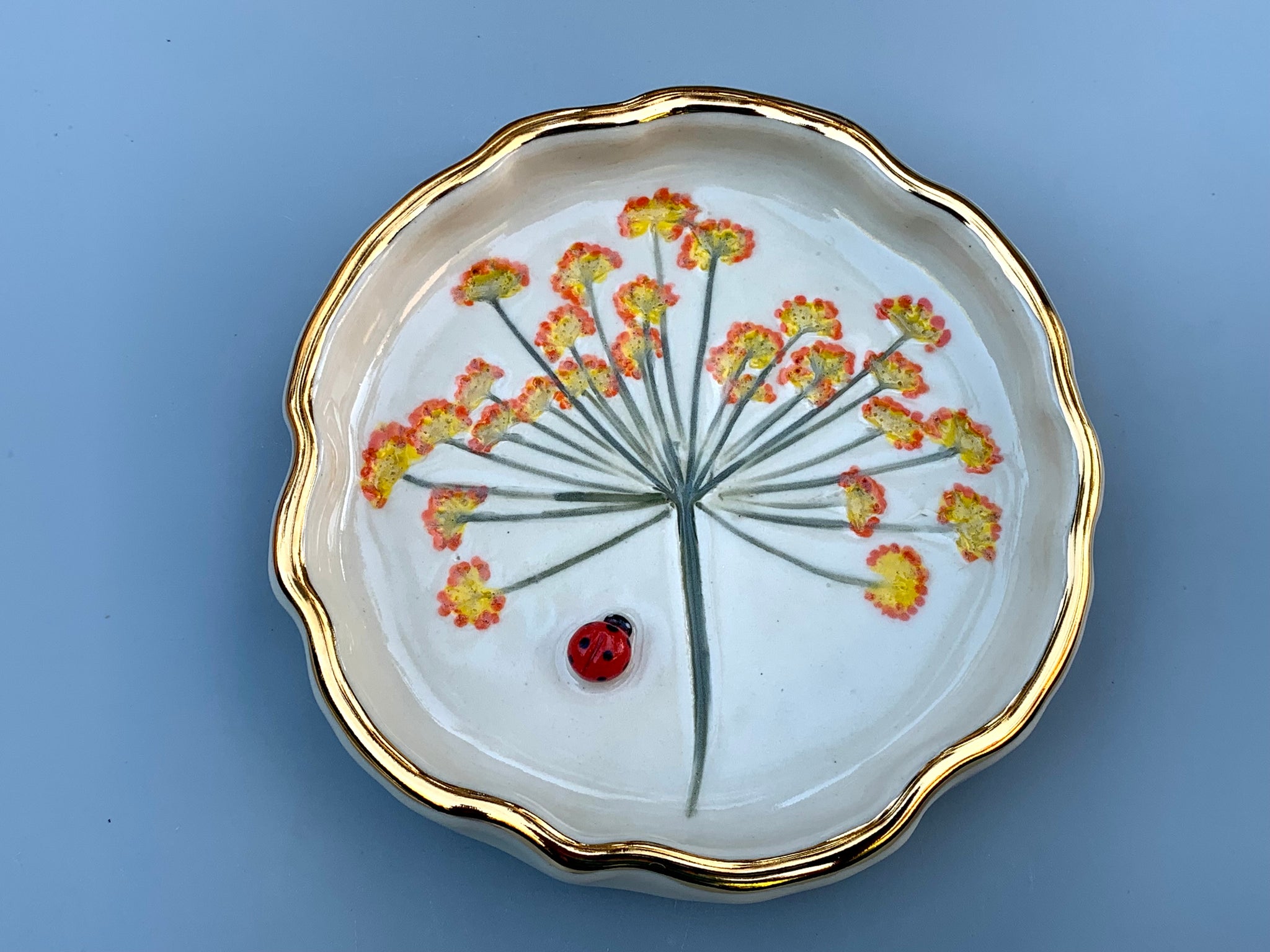 Ladybug Jewelry Dish with Fennel Flowers and Gold Accent - Vuvu Ceramics