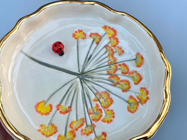 Ladybug Jewelry Dish with Fennel Flowers and Gold Accent - Vuvu Ceramics