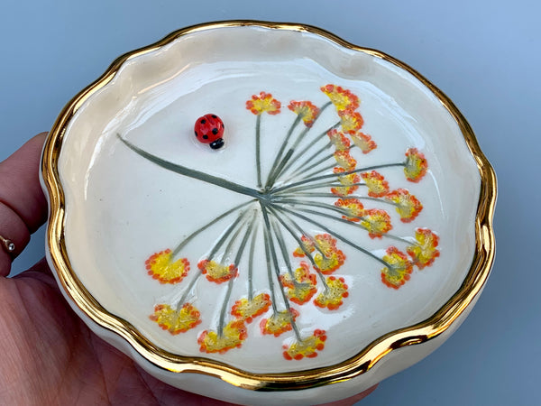 Ladybug Jewelry Dish with Fennel Flowers and Gold Accent - Vuvu Ceramics