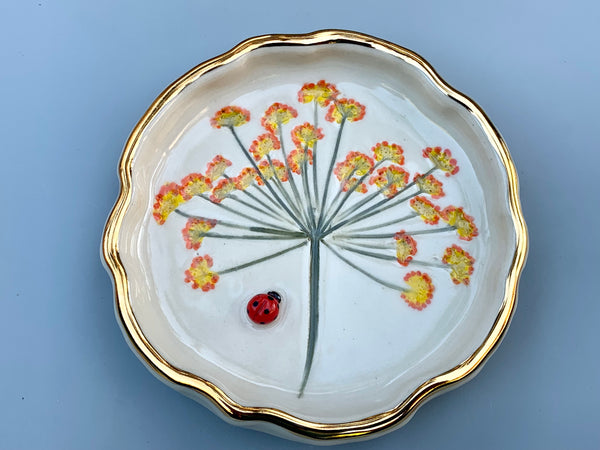 Ladybug Jewelry Dish with Fennel Flowers and Gold Accent - Vuvu Ceramics