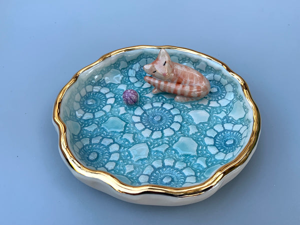Orange Tabby Cat Jewelry Dish, Ceramic Dish with Gold Accents