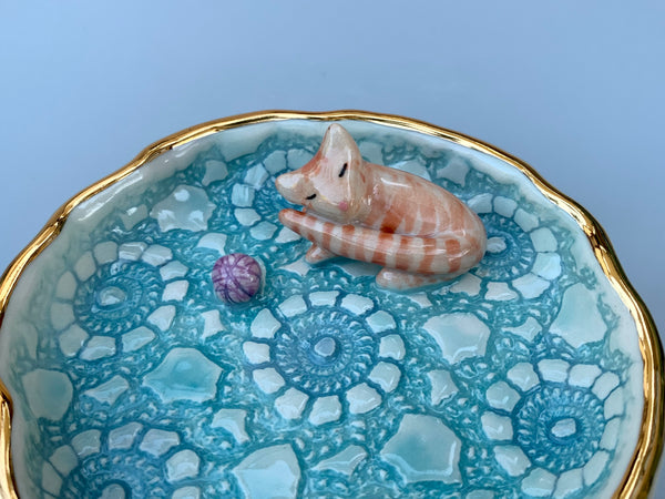 Orange Tabby Cat Jewelry Dish, Ceramic Dish with Gold Accents