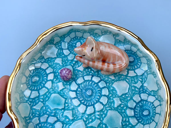 Orange Tabby Cat Jewelry Dish, Ceramic Dish with Gold Accents