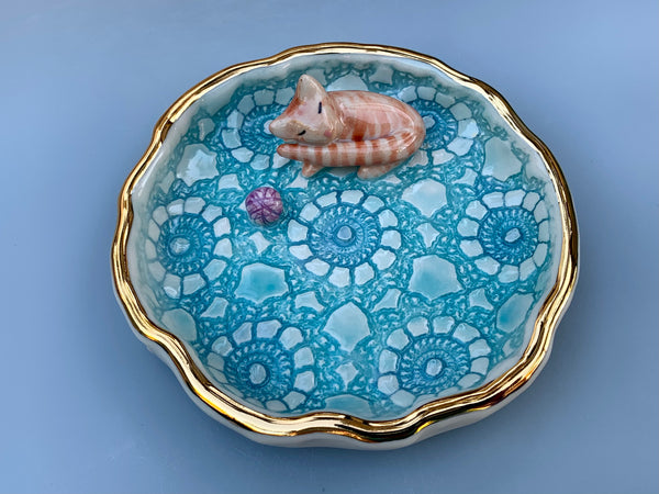 Orange Tabby Cat Jewelry Dish, Ceramic Dish with Gold Accents