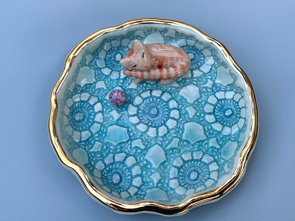 Orange Tabby Cat Jewelry Dish, Ceramic Dish with Gold Accents