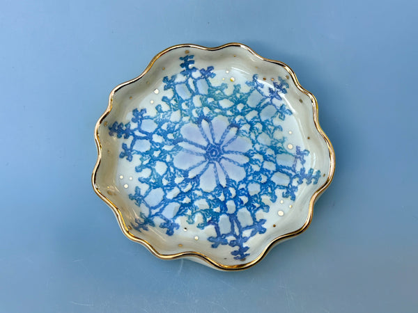 Blue Snowflake Ceramic Jewelry Dish with Gold Accents