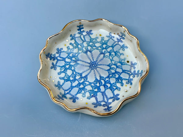 Blue Snowflake Ceramic Jewelry Dish with Gold Accents