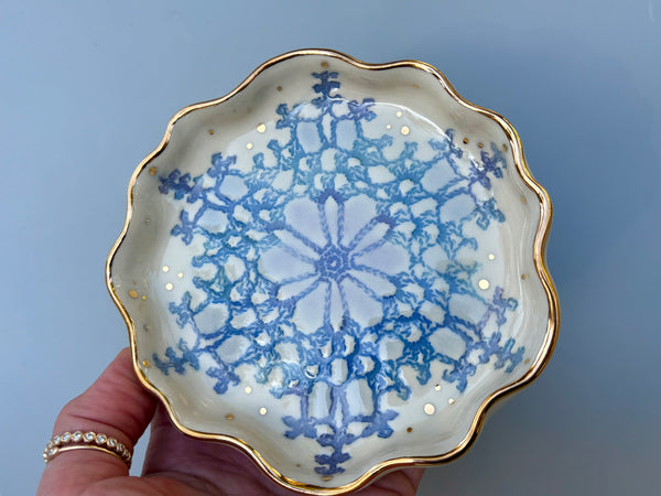Blue Snowflake Ceramic Jewelry Dish with Gold Accents
