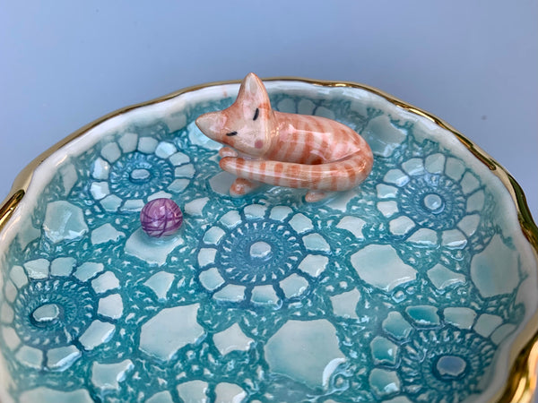 Orange Tabby Cat Jewelry Dish, Ceramic Dish with Gold Accents